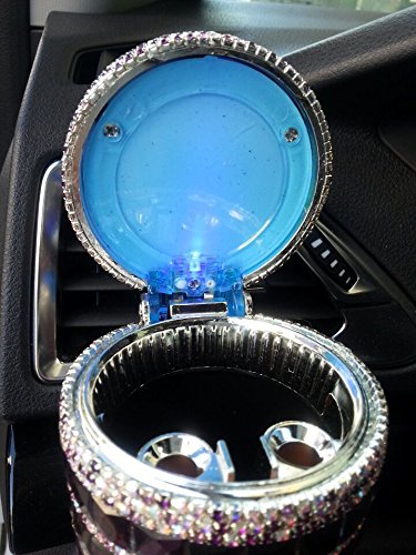 Follicomfy Bling Travel Crystal Diamond Auto Car Cigarette Ashtray Ash with Blue LED Light Smokeless Stand Cylinder Cup Holder,Silver