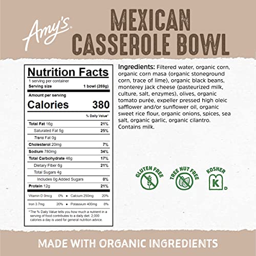 Amy's Frozen Meals, Mexican Casserole Bowl, Made with Organic Tomatoes