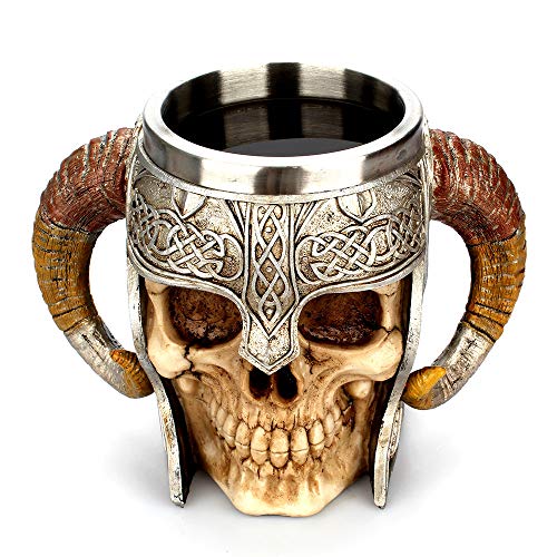 Resin Coffee Cup - Double Handle Horn Skull Beer Cup, Viking Warrior Skull Mug Tankard, Medieval Skull Drinkware Mug for Coffee/Beverage/Juice (Multicolor)