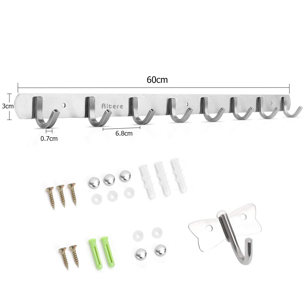 Aitere 8 Hooks Coat Hook Rack Wall Mounted 304 Stainless Steel Hanger Heavy Duty Clothes Hat Holder(Extra a Hook for Free)