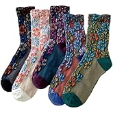 FORJMMP Vintage Embroidered Floral Socks for Women, Combed Cotton Crew Socks