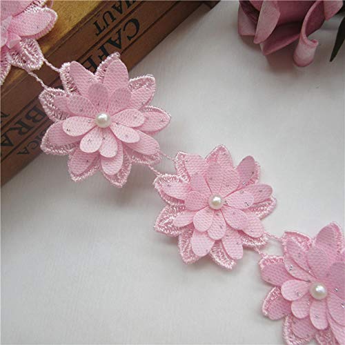 1 Yard 3-Layer Flower Pearl Beaded Polyester 3D Lace Edge Trim Ribbon 5cm Width Vintage Style Pink Edging Trimmings Fabric Embroidered Applique Sewing Craft Wedding Bridal Dress Embellishment DIY