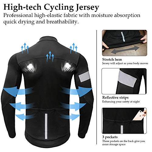 Men's Winter Thermal Fleece Cycling Bike Jersey Reflective Windproof Running Long Sleeve Jacket Warm Breathable Bicycle Softshell Black