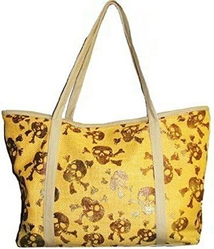Yellow Canvas Skull Print Women's Linen Open-top Tote Bag Handbag