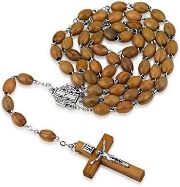 Marina Jewelry Olive Wood Necklace Rosary, Silver Plate Chain, Jerusalem Cross, Wood Crucifix