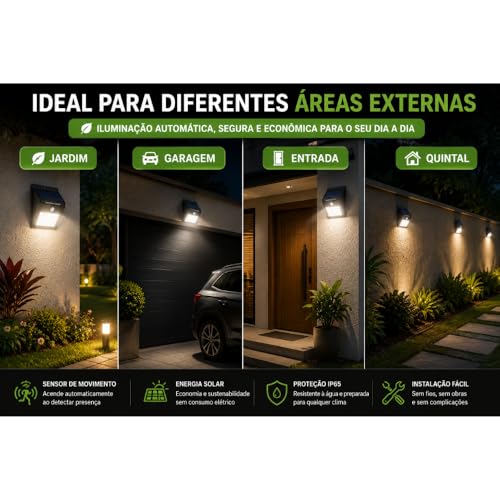 Kit 4 Arandelas Luminária Solar LED com Sensor de Presença Segurança | Luz Automática Externa Parede Jardim IP65 Resistente à Água Premium