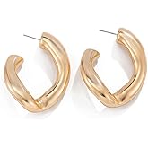 14K Gold Chunky Open Hoop Earrings, Gold-Tone, Curved Design, Statement Fashion Jewelry