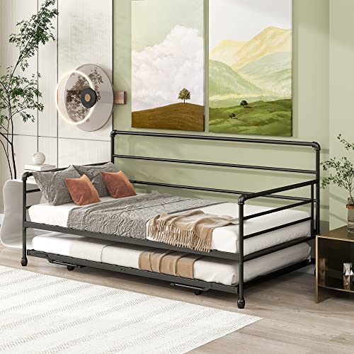 FULLJOJOR Daybed with Pop Up Trundle, Metal Daybed with Trundle & Pull