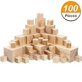 Hicarer 100 Pieces Unfinished Wooden Cubes Solid Natural Wooden Square Blocks for Baby Puzzle Making, Craft and DIY Project, 3 Sizes Mixed