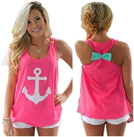 TeeDoc Womens Sleeveless Hollow Out Anchor Tank Top Back Bowknot T-Shirt Blouse (XXL US10-12, Watermelon Red)