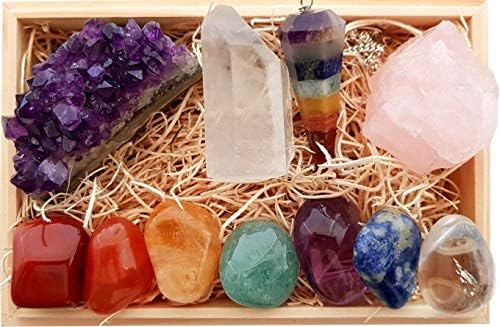 Premium Healing Crystals Gift Kit in Wooden Box - 7 Chakra Set Tumbled Stones, Rose Quartz, Amethyst Cluster, Crystal Points, Chakra Pendulum + 82 Page E-Book + 20x6 Reference Guide Poster, Gift Ready