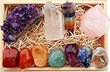 Premium Healing Crystals Gift Kit in Wooden Box - 7 Chakra Set Tumbled Stones, Rose Quartz, Amethyst Cluster, Crystal Points, Chakra Pendulum + 82 Page E-Book + 20x6 Reference Guide Poster, Gift Ready