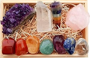 Image of Premium Healing Crystals Gift Kit in Wooden Box - 7 Chakra Set Tumbled Stones, Rose Quartz, Amethyst Cluster, Crystal Points, Chakra Pendulum + 82 Page E-Book + 20x6 Reference Guide Poster, Gift Ready