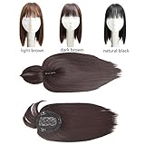 BESTLEE Synthetic Human Hair Mono Hairpiece for Hair Loss Clip in/on Hair Topper with Air Bangs 12 Inches (Light Brown/a combination of 2# and 30#))