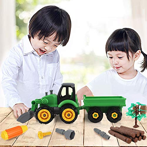 deAO 28-teiliges Bauernhof Spielset mit DIY-auseinanderziehbarem Traktor und Anhängern, manuellem Schraubendreher… – Bild 4