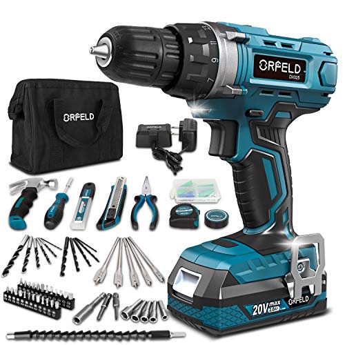 ORFELD Cordless Drill, Home Tool Kit with 20V Max 2.0Ah Battery, 165 Pcs Accessories, Built-in LED, 2 Variable Speed, 3/8'' Metal Keyless Chuck for Drilling Wood, Metal, Plastic. Blue