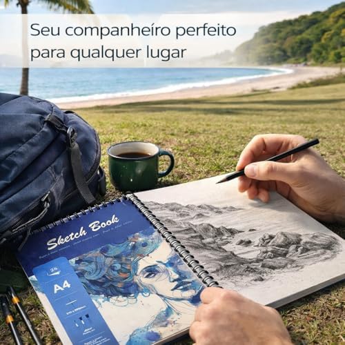 Sketchbook Profissional para Desenho Artístico – Caderno de Desenho com Papel A4 Gramatura 160g/m² 24 Folhas Premium para Esboços, Ilustrações, Croquis, Mangá e Anotações Criativas