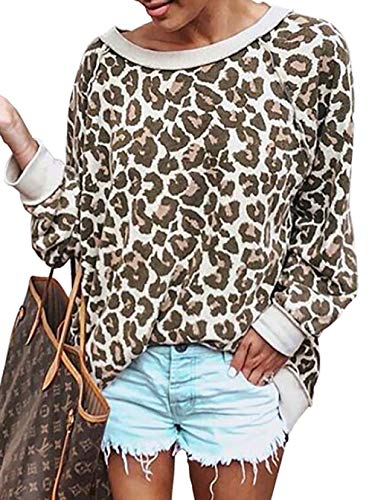 BTFBM Women's Fashion Color-Block Leopard Print Sweatshirt Crew Neck Long Sleeve Loose Soft Basic Shirt Pullover Tops (Coffee, Medium)