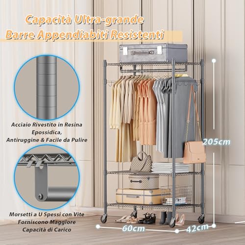 Himimi Double Coat Rack with Height-Adjustable Shelves, Coat Rack with 2 Hooks, Clothes Trolley with Wheels, 60 x 42 x 205 cm, Grey