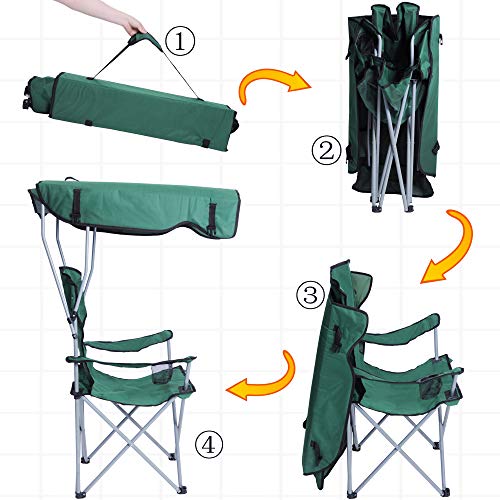 Livebest Portable Camping Chairs with Shade Canopy Original Green-Armrest Cup Holder & Carry Bag Folding Chairs for Outdoor Camping Hiking Beach, Heavy Duty 250lbs,30"Lx17"Wx50"H