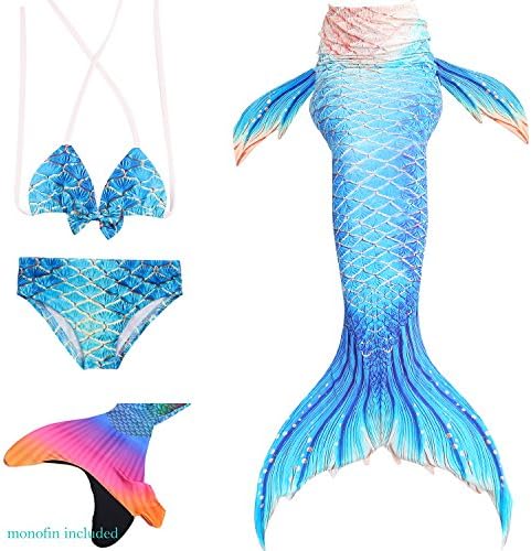 AUIE SAOSA Girls Mermaid Tail Swimsuit Sets Sea-Maid Swimwear Bathing Suit Blue Stripes BS130