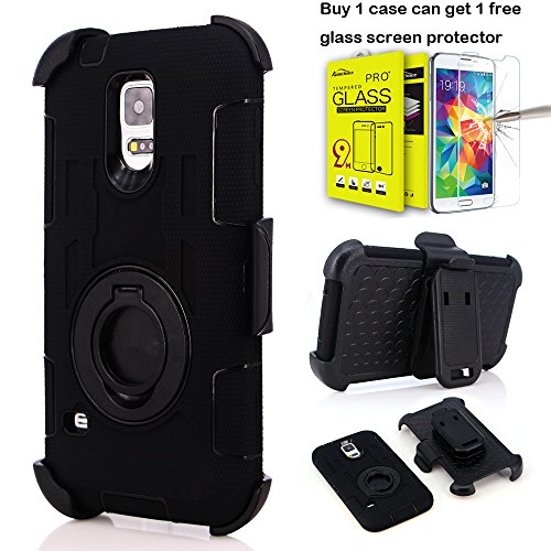 S5 Case, AMCHOICE(TM) 3IN1 TPU&PC Shockproof Amy-grade Protective Belt Clip Stand Case for Samsung Galaxy S5 [360 Degree Rotating Ring Bracket] [Free Stylus,Screen Protector,Cleaning Cloth](Black)