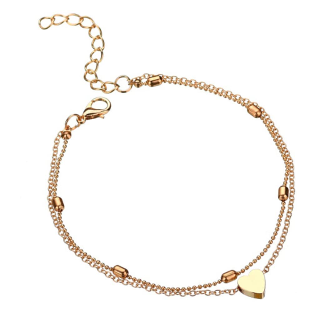 Yean Boho Layered Anklet Gold Heart Ankle Bracelet Beads Foot Chain for Women and Girls
