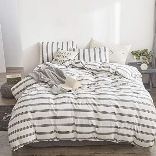 ATsense Duvet Cover Queen, 100% Cotton, 3-Piece Bedding Duvet Cover Set, Ultra Soft and Easy Care, Zipper Closure & Corner Ties (White Stripes, Queen)