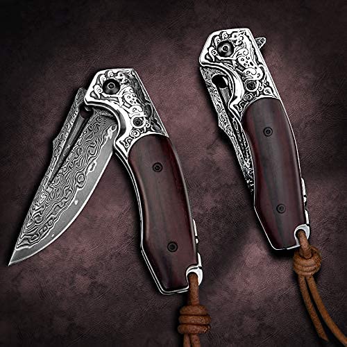 TURENZ Folding Tactical Knife with 3inch Handmade Damascus Steel Blade