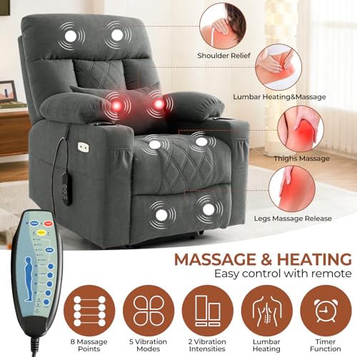 Power Lift Recliner Chair for Elderly with Adjustable Headrest, Triple Motor Zero Gravity Recliner Chairs for Adults with Massage & Heat, Extended Footrest, Cup Holder, Lumbar Pillow, Fabric (Grey)