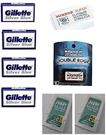 Merkur Safety Razor Blades 10 ct. + Silver Blues Blades, 5 ct. (Pack of 4) + Wilkinson Sword Razor Blades, 10 ct. + Derby Extra Blades 5ct. (Pack of 2) + FREE Curad Bandages 8 Ct.