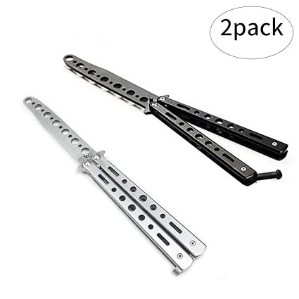 Butterfly Knifetrainer Martial Arts Practice Swords Steel Metal Folding Knife Training Knife Tool Unsharpened Blade Black And Silver Set Of 2