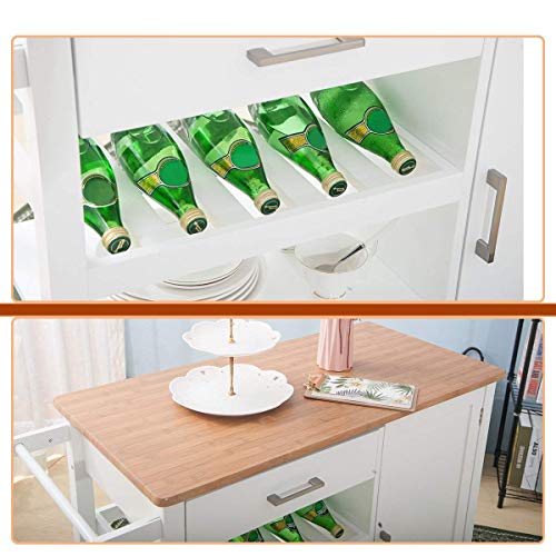 Kitchen Cart Island On Wheels,JULYFOX Kitchen Trolley Microwave Cart with Storage Drawers Cabinet 3 Shelves Wine Rack Solid Wood Breakfast Cart 34 inches Tall Bar Table for Small Spaces White and Oak