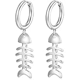 Stainless Steel Fishbone Dangling Huggie Hoop Earrings, Sold as a Pair