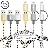(3Pack) 3.3Ft Miger MFi Certified 2 in 1 Lightning and Micro USB Nylon Braided Charging/Sync Cables Cords Compatible with iPhone/iPod/iPad and Samsung Galaxy, Sony, Nexus, More (Gold+Gray+Silver)