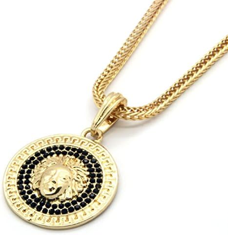 POPLife Mens Medallion Pattern Medusa Golden Black Greek 24" Franco Chain Pendant Necklace