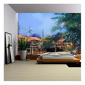 Old Fishing Village,Oil Painting Style - Removable Wall Mural | Self-Adhesive Large Wallpaper - 66x96 inches