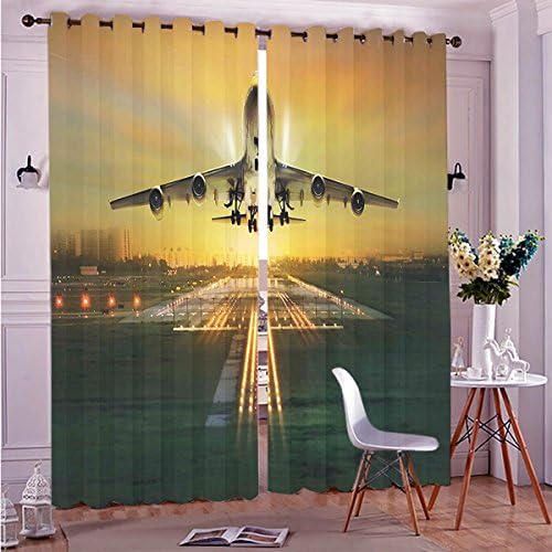 Two Panel Set Window Curtain Airplane Decor Flying Widebody Plane Taking Off from Landing Field for New Voyagers Print Polyester Window Treatments For Bedroom Diningroom Livingroom Dorm, 108"Wx84"L