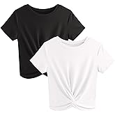 JINKESI Women's 2 Pack T-Shirts Summer Crop Tops Causal Crew Neck Short Sleeve Twist Front Tee T-Shirt