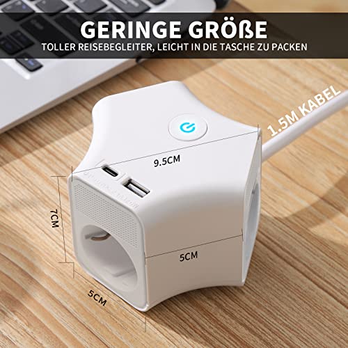 RealMade Steckdosenleiste mit USB, 3-Fach Mehrfachsteckdose mit 1 USB und 1 TYP-C Anschluss (5V/2.4A), 1,5M Kabel Steckerleiste mit Schalter, Steckdosen Kindersicherung, Wandmontage für Reisen, Weiß