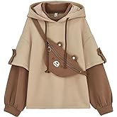 EMILYLE Womens Girls Brown Bear Hoodie Long Sleeve Sweatshirts Cute Pattern Print Kawaii Patchwork Shirts