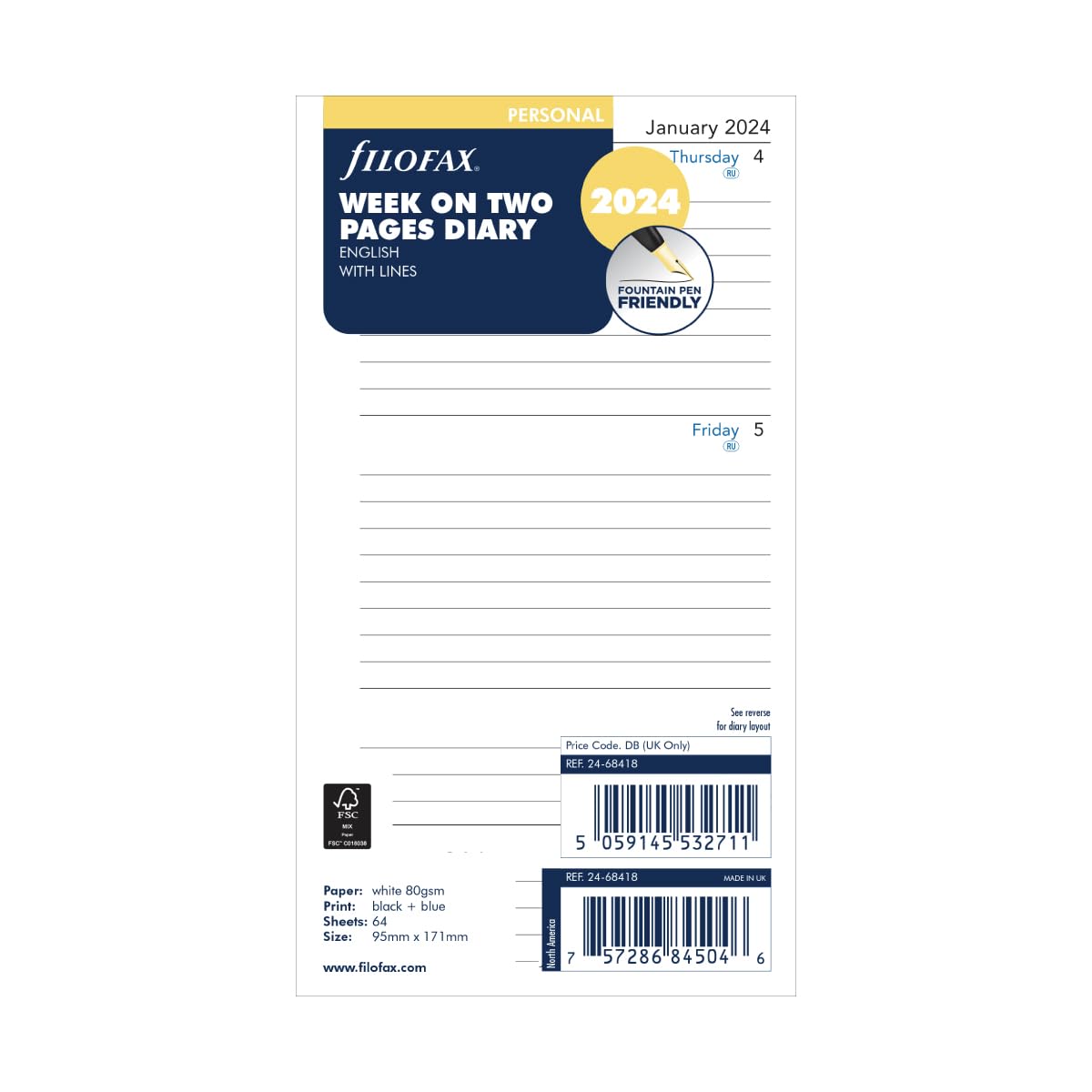 Filofax Personal week on two pages lined 2024
