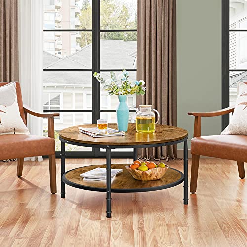 Yaheetech Round Coffee Table, Industrial Coffee Table with Shelf, 2