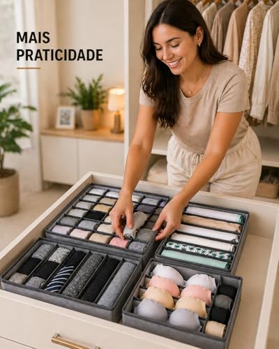 Kit Organizador de Gaveta 4 Peças, TNT Dobrável, com 24, 8, 7 e 6 Divisórias para Roupas Íntimas, Meias e Sutiã (Bege)