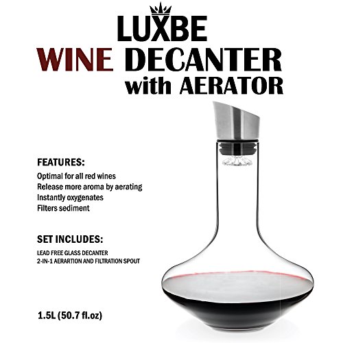 Luxbe - Wine Decanter 50-ounce with Aerator Pourer Lid - 2 in 1-100% Hand Blown Lead-free Crystal Glass, Red Wine Carafe - Descanter with Stainless Steel Lid-Aerator, Filter, Pourer