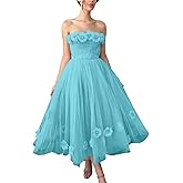 Women's 3D Flower Off Shoulder Tea Length Whimsical Prom Dress, A Line Strapless Tulle Formal Evening Party Gown
