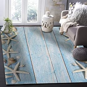 Greeeen Area Rug for Bedroom Living Room- Starfish and Shells on Blue Wooden Beach Theme Contemporary Floor Carpet Comfy… 51Y9bW0xVrL