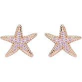Pink CZ Starfish Stud Earrings for Women 925 Sterling Silver Hypoallergenic Cute Crystal Star Small Studs Cartilage Tragus Post Pin Dainty Ocean Beach Party Holiday Jewelry Gifts
