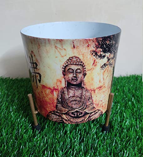 Arstory Gardening Iron Stand with Lord Buddha Print Pot