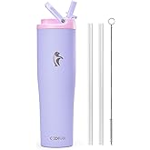 Coolflask Water Bottle 40 oz Fits Car Cup Holder, Slim Tumbler Stainless Steel with Straw & Handle, Vacuum Flask Leakproof Wide Mouth for Travel Sports Gym, Lavender